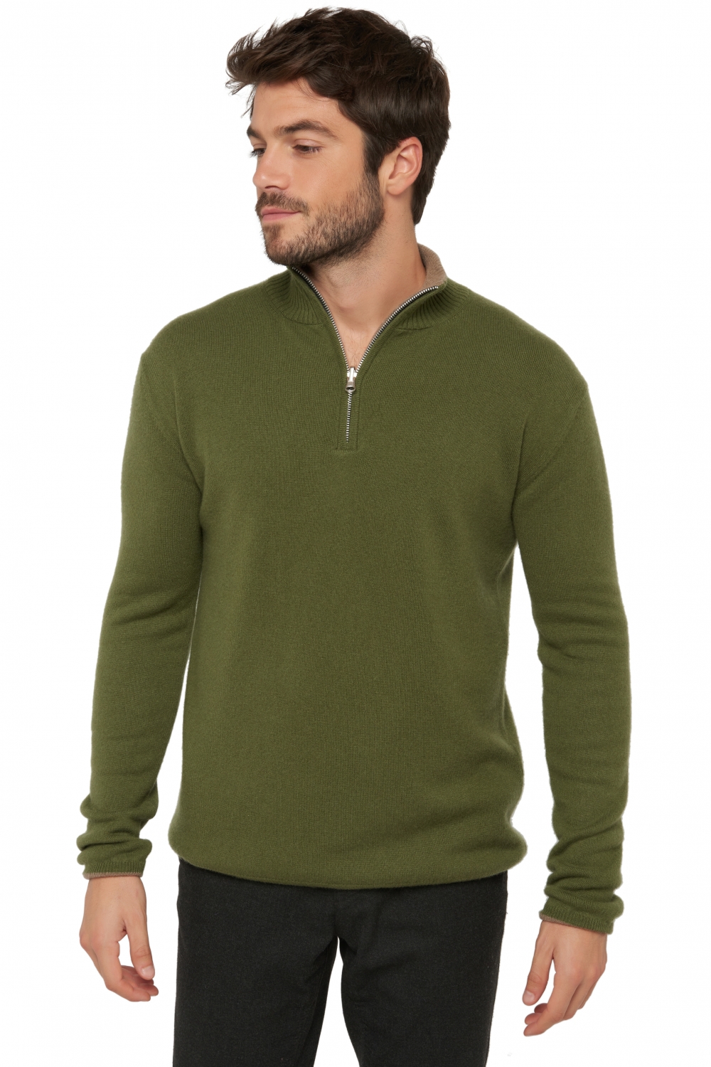 Cashmere men chunky sweater cilio ivy green natural brown xl